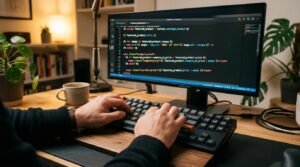 Developer_typing_on_keyboard_code_202606041610-300x167 Building a Shopify Store That Actually Converts: What Most Developers Get Wrong
