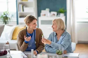 caregiver-or-healthcare-worker-with-senior-woman-patient-measuring-blood-glucose-indoors--300x200 Professional Mobile wound care nurse services Troy: Specialized Healing Delivered to Your Door