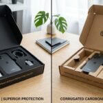 Side-by-side comparison of foam and cardboard packaging inserts protecting products inside shipping boxes.