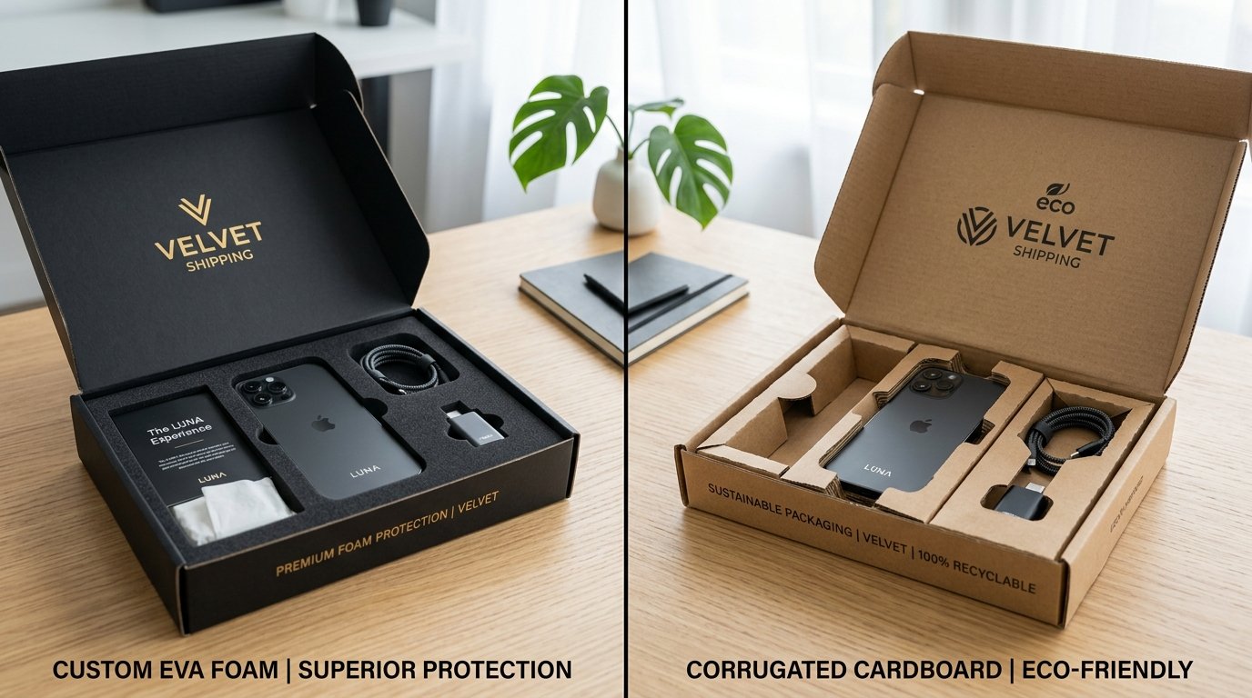 Side-by-side comparison of foam and cardboard packaging inserts protecting products inside shipping boxes.