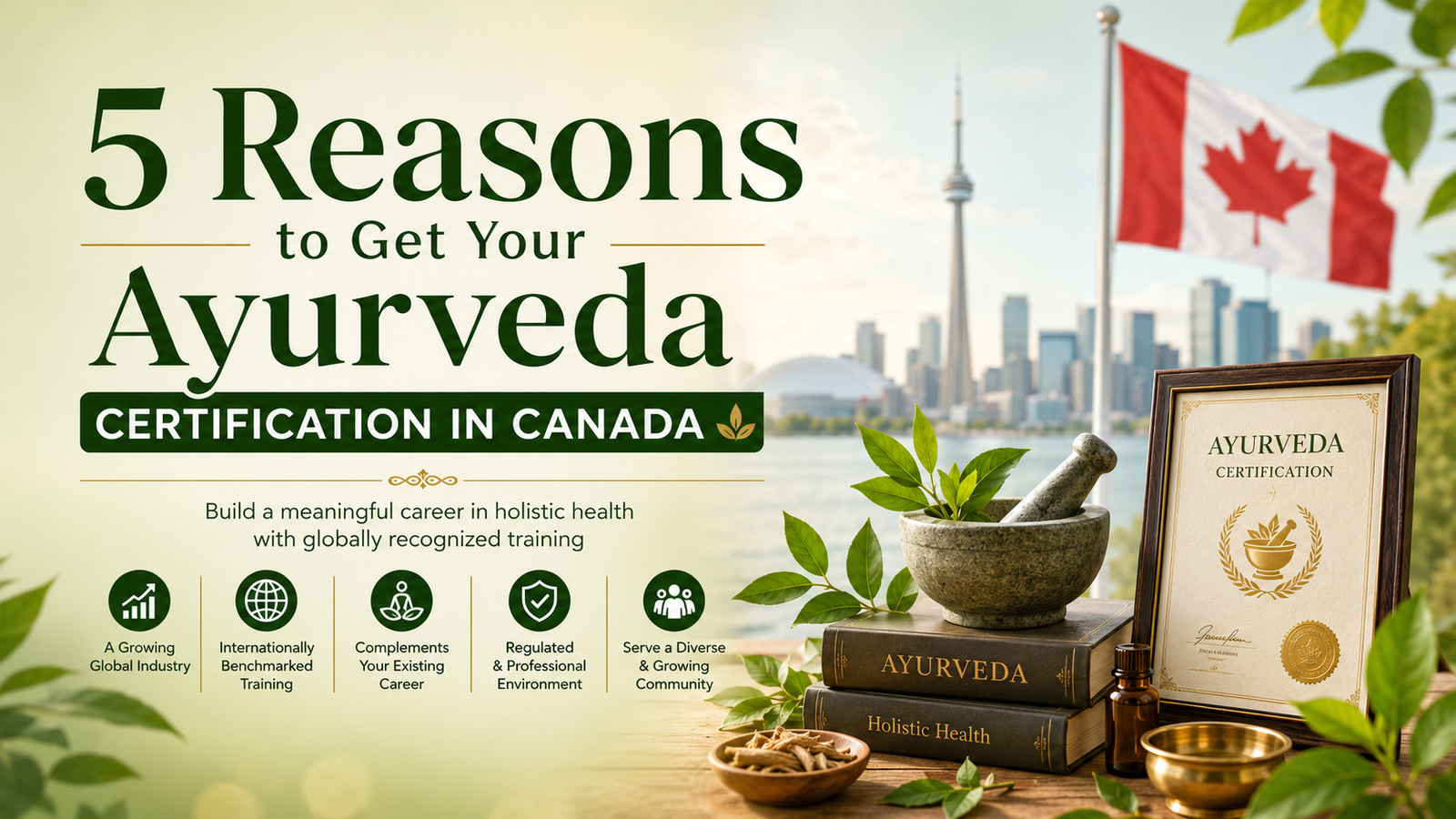 Ayurveda certification in Canada with herbal medicine and Canadian skyline.
