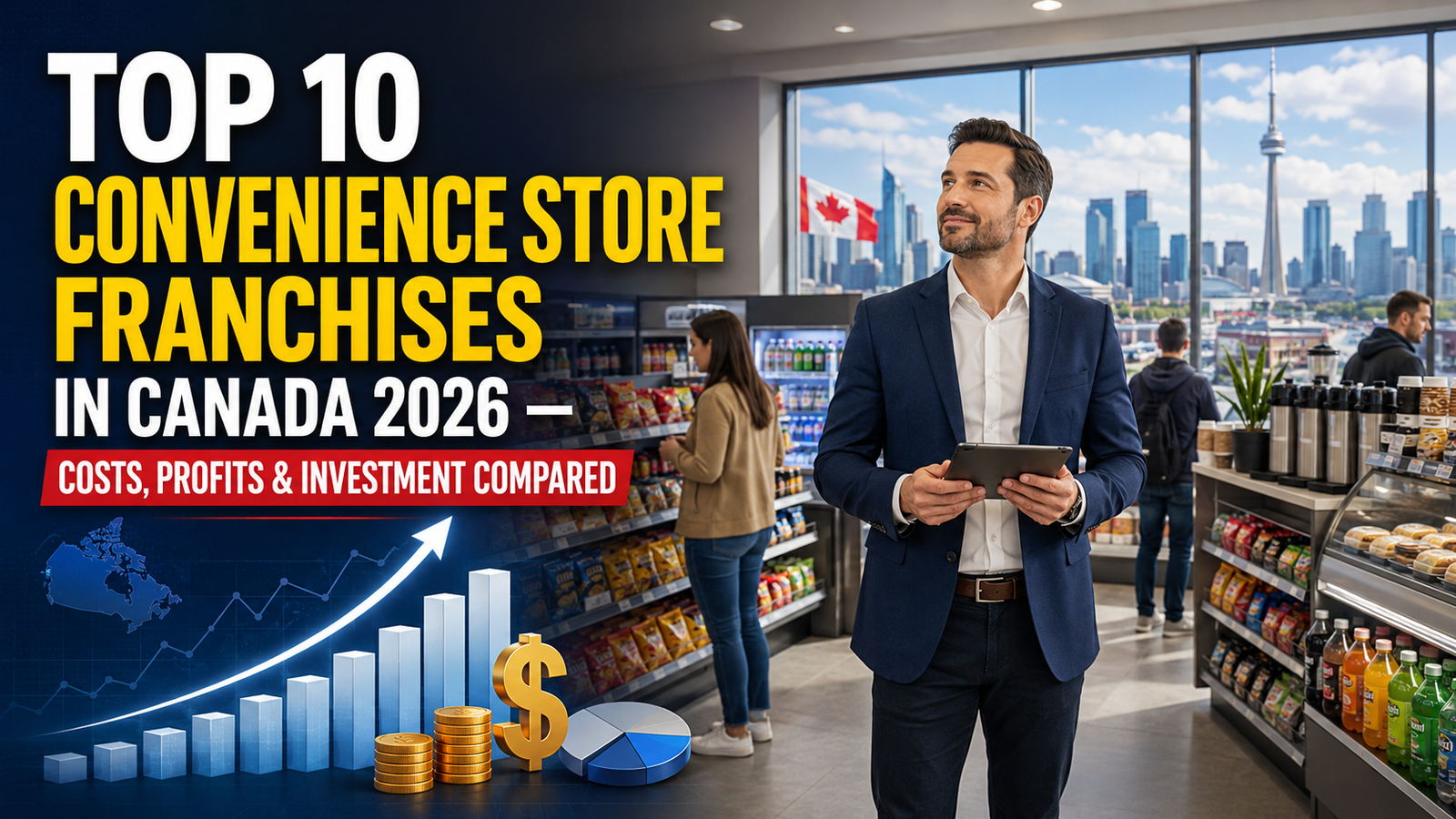 Canadian convenience store franchise owner with customers, stocked shelves, and business growth graphics.