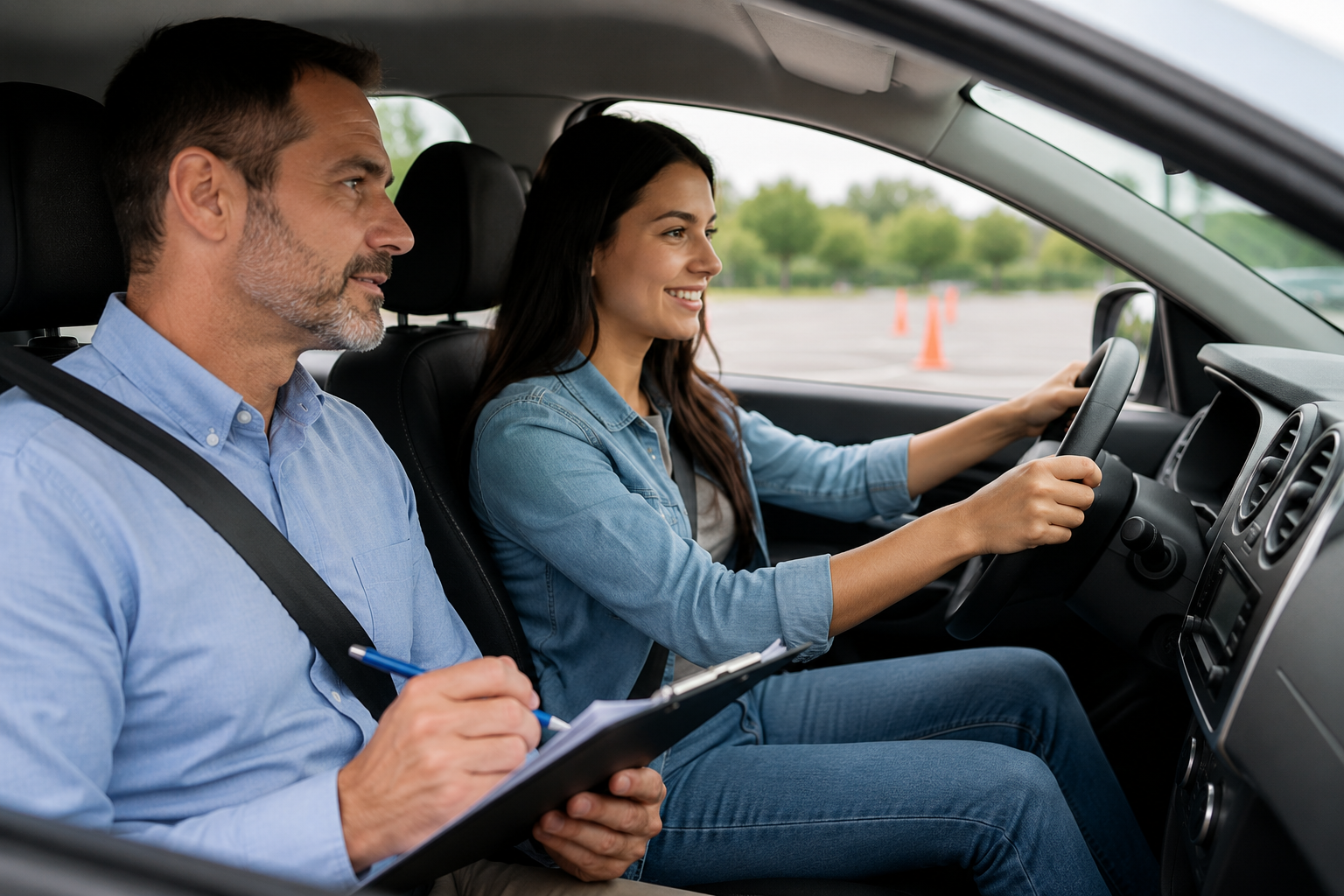 Georgia Approved Defensive Driving Course instructor teaching a student safe driving techniques during a professional driver training session inside a vehicle.