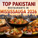 Pakistani restaurants in Mississauga dishes including chicken karahi, biryani, seekh kebabs, naan, and tikka in an upscale Mississauga restaurant setting.