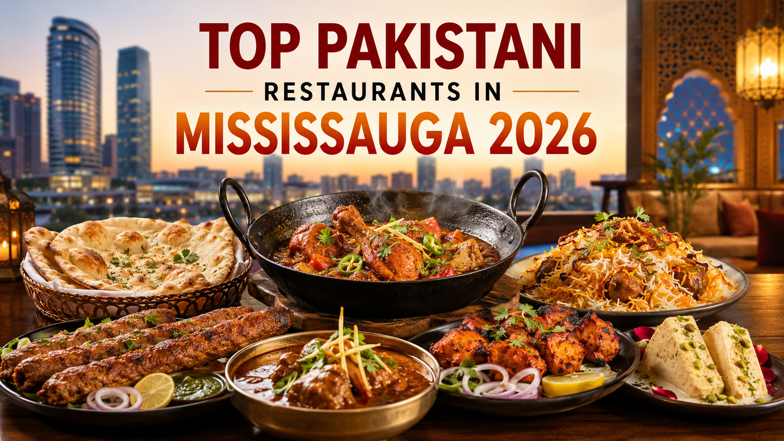 Pakistani restaurants in Mississauga dishes including chicken karahi, biryani, seekh kebabs, naan, and tikka in an upscale Mississauga restaurant setting.