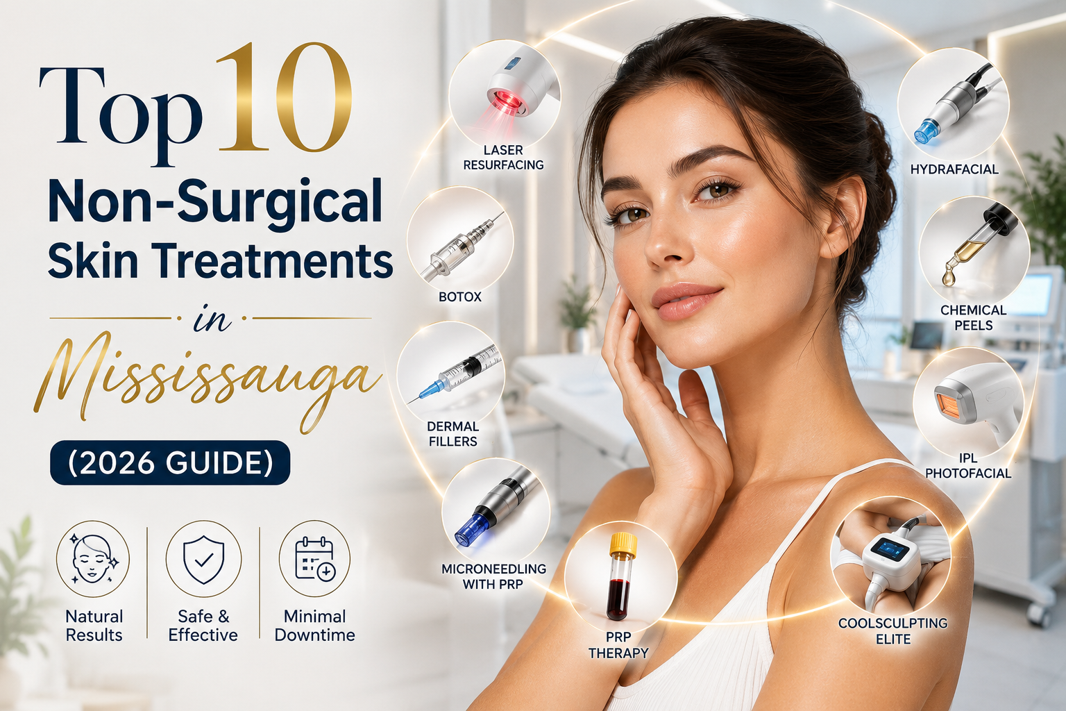 Top 10 non-surgical skin treatments in Mississauga featuring laser resurfacing, Botox, fillers, microneedling, Hydrafacial, IPL, chemical peels, and CoolSculpting.