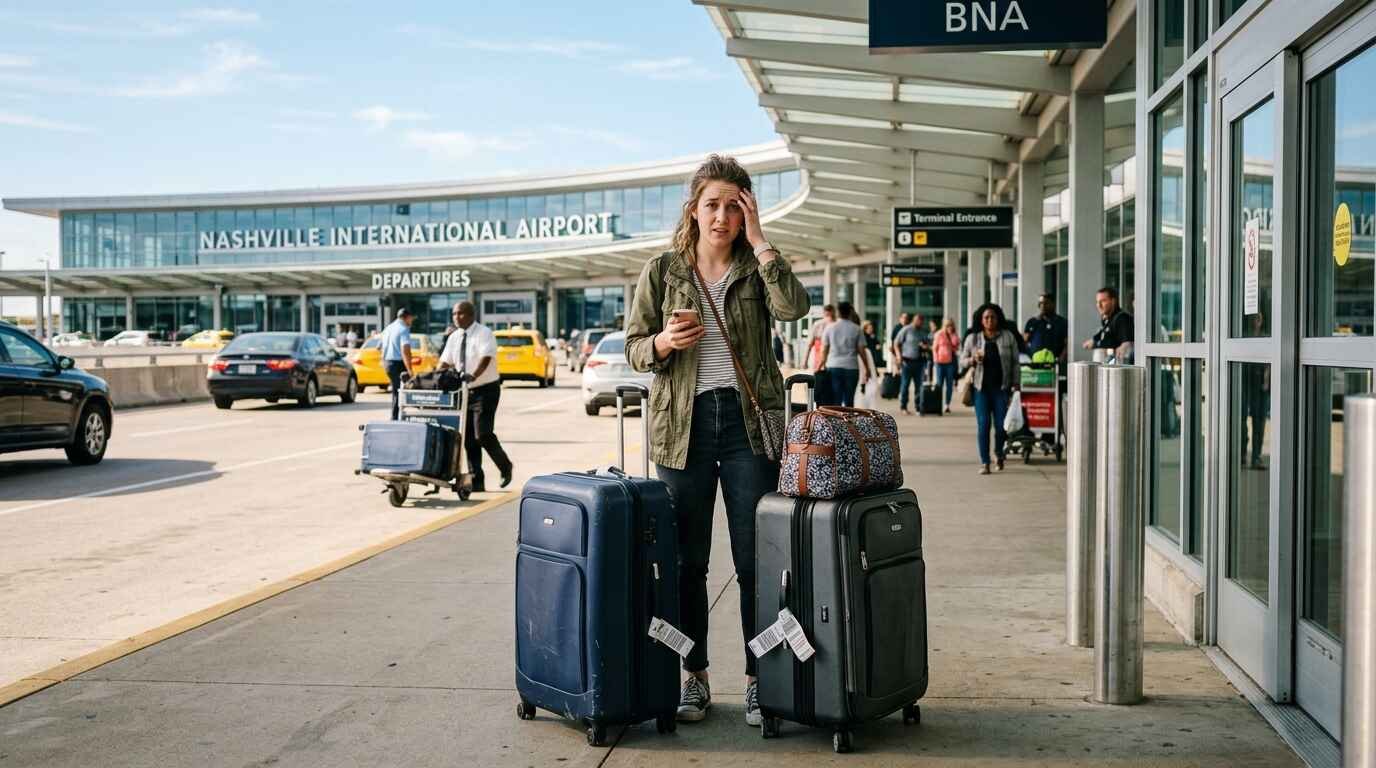 a women standing outside with her luggage Nashville travelers bags