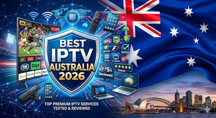 Sports fans watching live football and cricket matches through IPTV Australia on a smart TV