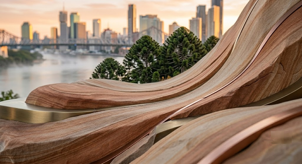 Abstract view of Brisbane skyline featuring the Story Bridge and river, viewed through organic sandstone rock formations.