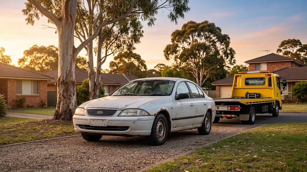 A weathered, white sedan with visible rust spots is parked on a suburban driveway at dusk, positioned in front of a yellow flatbed tow truck that is ready to load the vehicle. The scene represents a typical end-of-life vehicle pickup for recycling in a New South Wales residential area, with native gum trees and brick houses in the background.