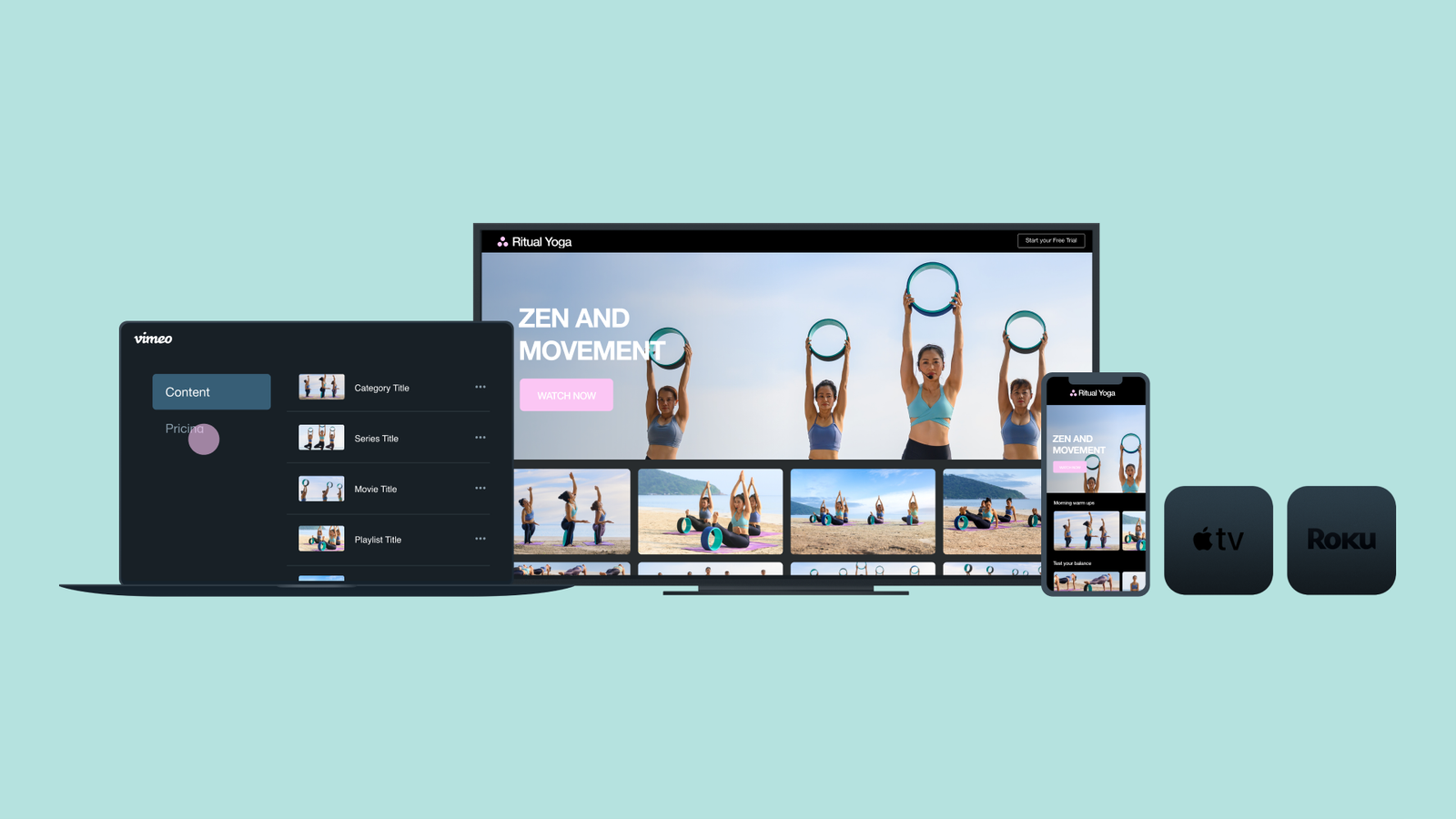 Strong 8K IPTV Free Trial UK displayed on Smart TV, laptop, smartphone, Apple TV, and Roku, showcasing seamless IPTV streaming across multiple devices.