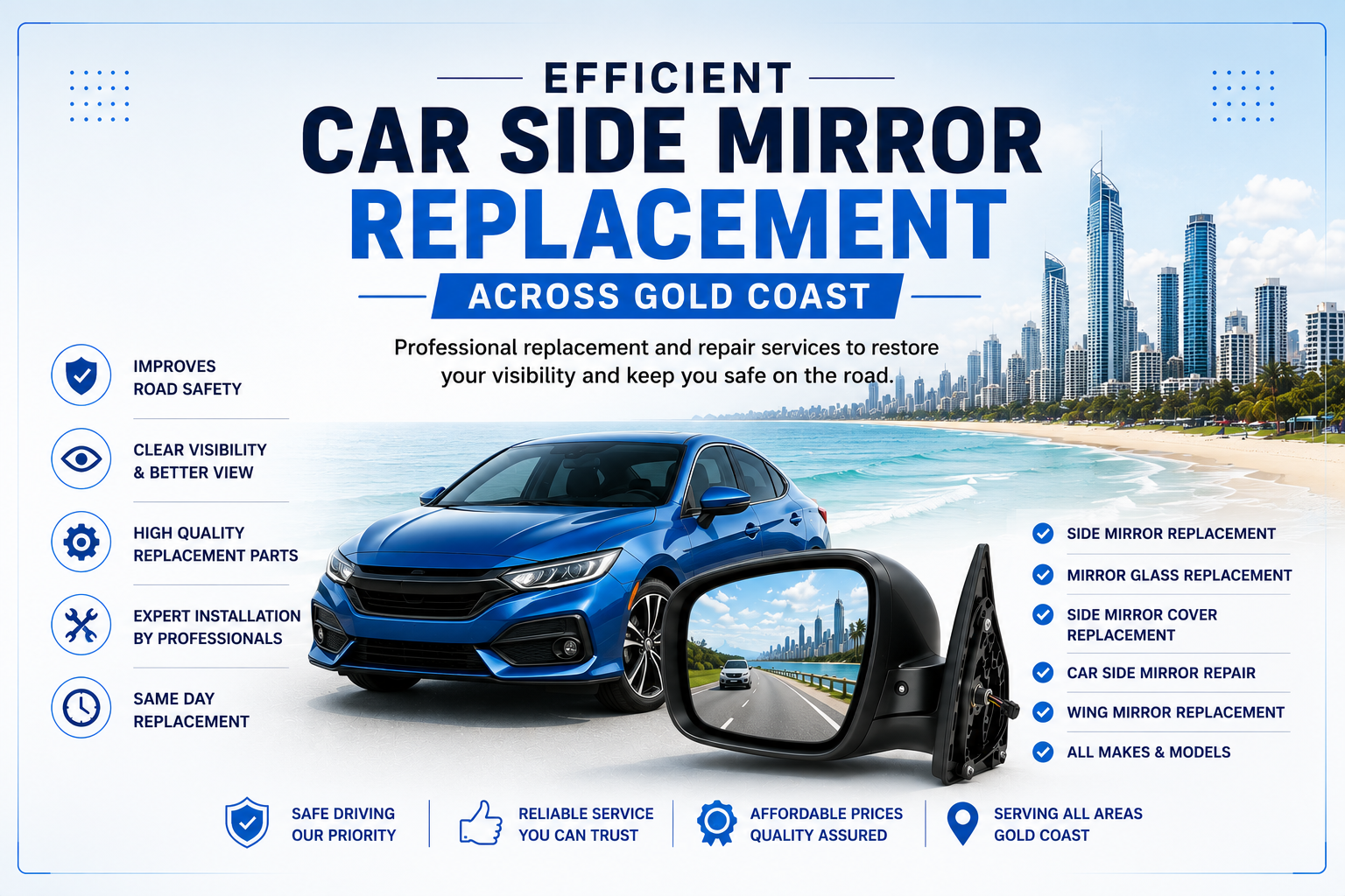 Efficient car side mirror replacement across Gold Coast with professional repair, quality replacement parts, and expert installation.