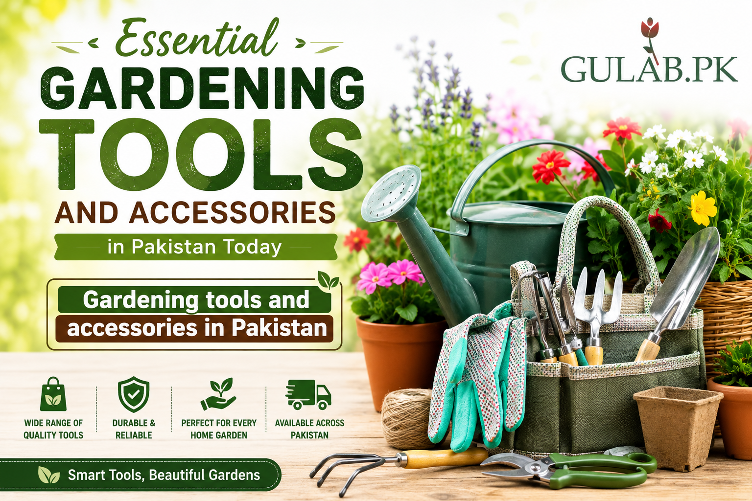 Essential Gardening Tools and Accessories in Pakistan Today blog banner featuring gardening gloves, hand tools, watering can, flower pots, and blooming plants in a vibrant garden setting. The focus keyword “Gardening tools and accessories in Pakistan” is prominently highlighted, with the Gulab PK logo displayed in the top-right corner.